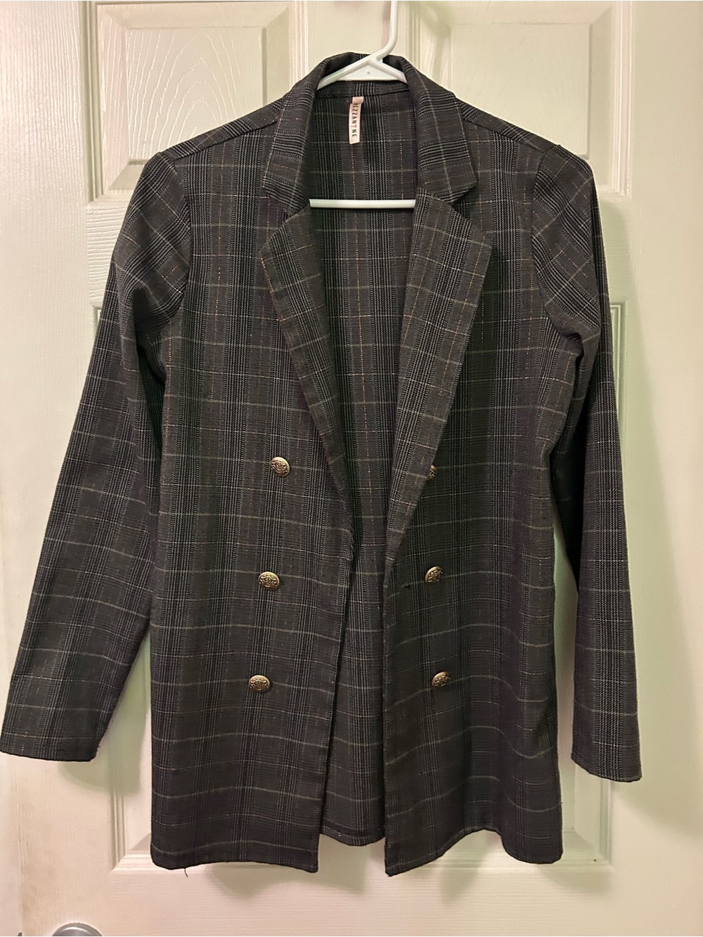 Charlotte Russe Charcoal Plaid Double-Breasted Blazer with Gold Buttons